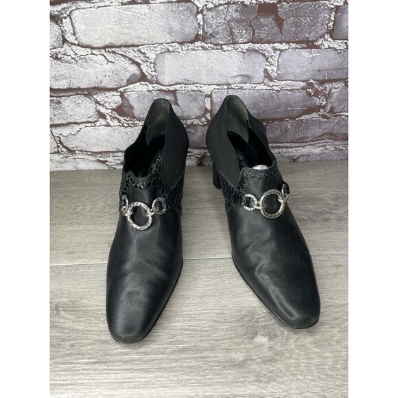 Brighton Rizzo Black Leather Silver Elastic Heel Ankle Booties Women 10M US/41EU - Picture 2 of 16